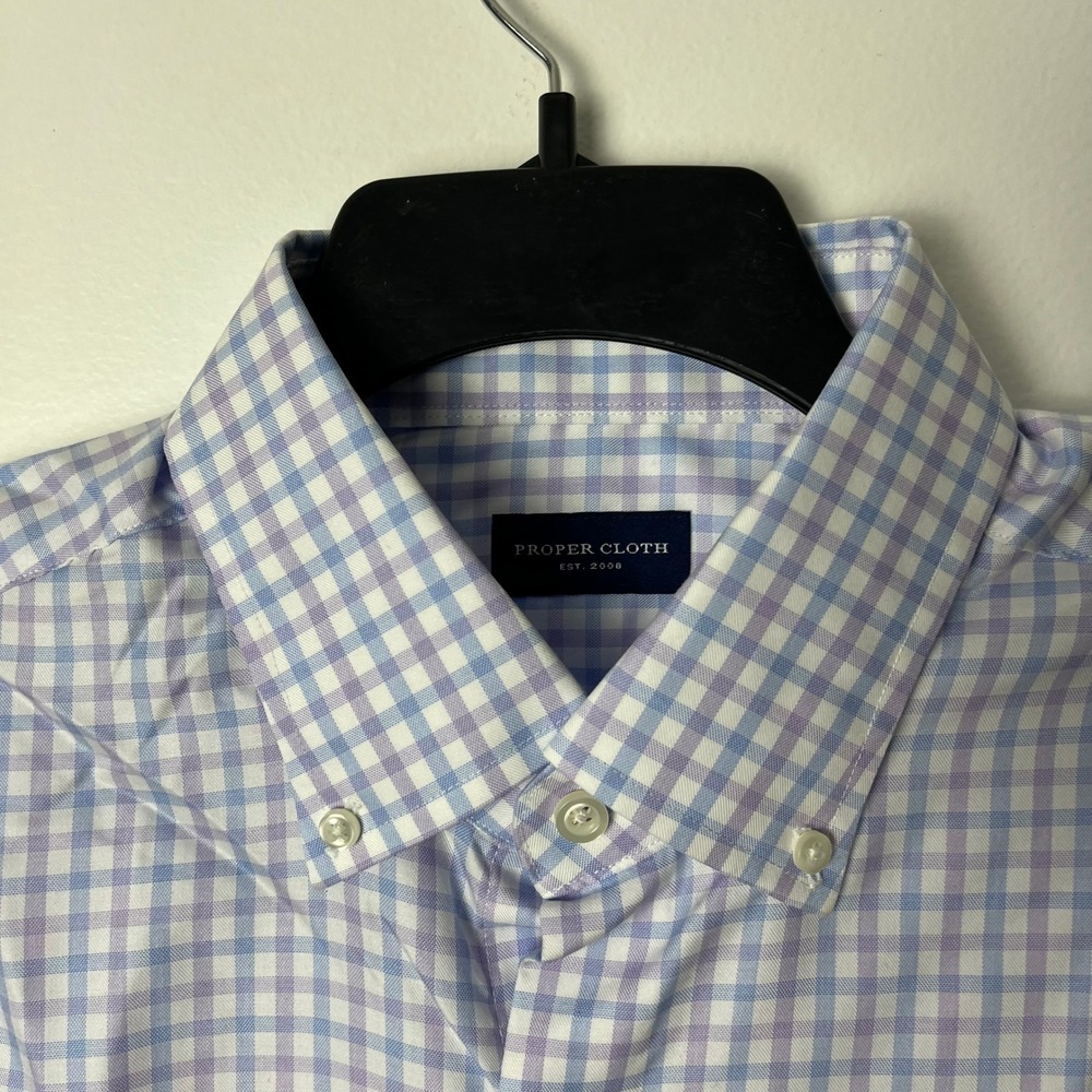 Proper Cloth Button Down Shirt Mens XL Gingham Short Sleeve Monogram JHG Blue